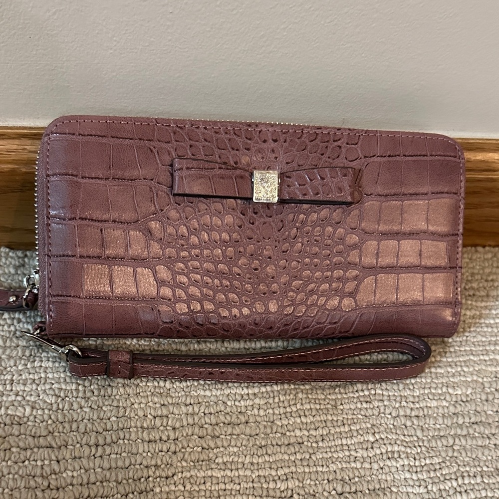 Anne Klein Elegant Crocodile-Embossed Mauve full zip Wristlet